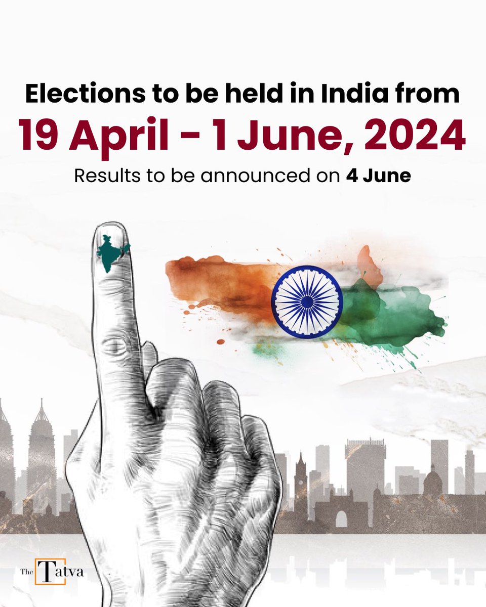 🚨 #ElectionCommission announces dates for #LokSabhaElections2024 Schedule of Indian General Election 2024. Phase 1 - April 19. Phase 2 - April 26. Phase 3 - May 7. Phase 4 - May 13. Phase 5 - May 20. Phase 6 - May 25. Phase 7 - June 1. Results on 4th June