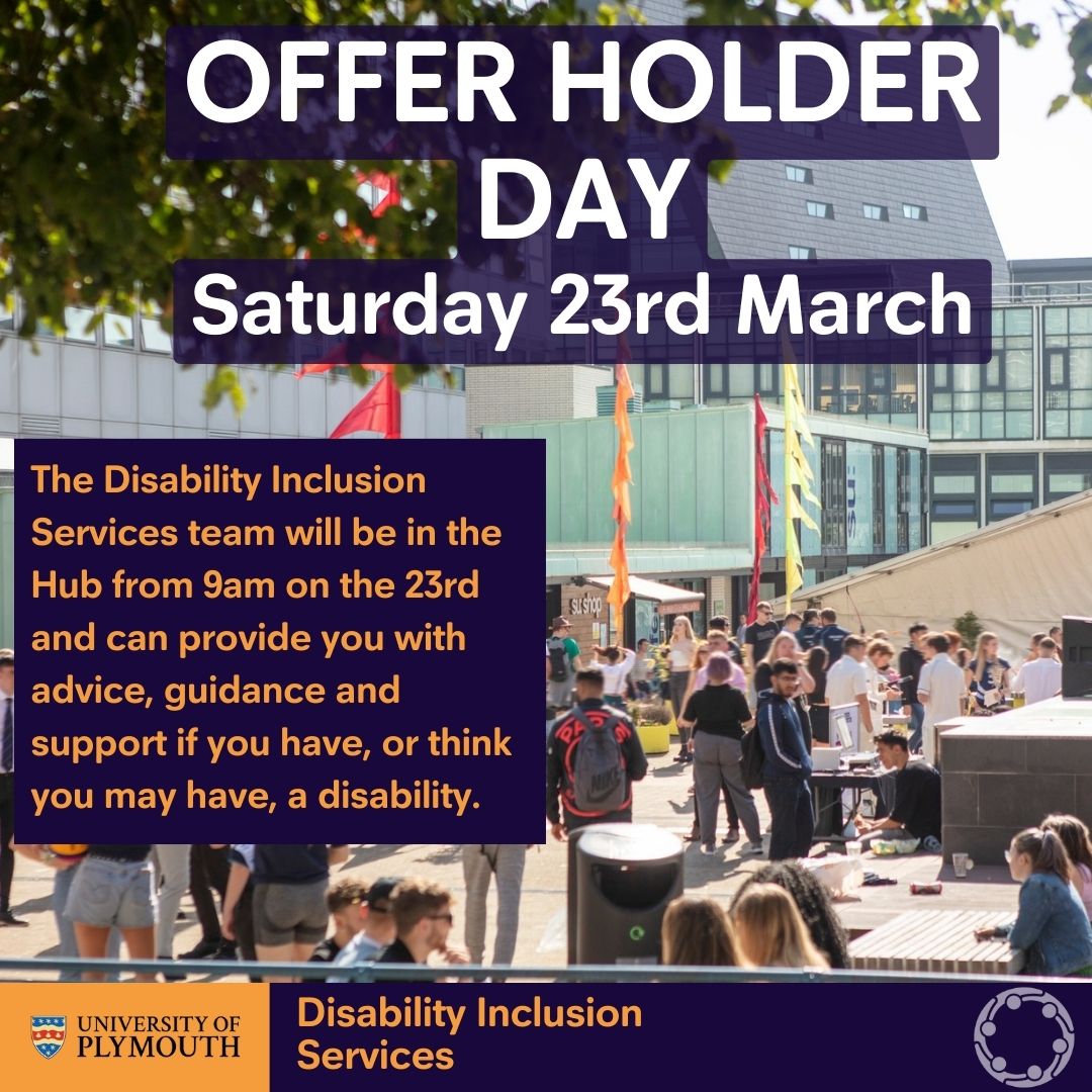 One week to go until our Offer Holder Day! The Disability Inclusion Services Team will be there on Saturday to offer support and guidance, so come on down and chat with our friendly team in the Student Hub 🤝 
 #plymuni #UniversityofPlymouth #offerholderday #UoP
