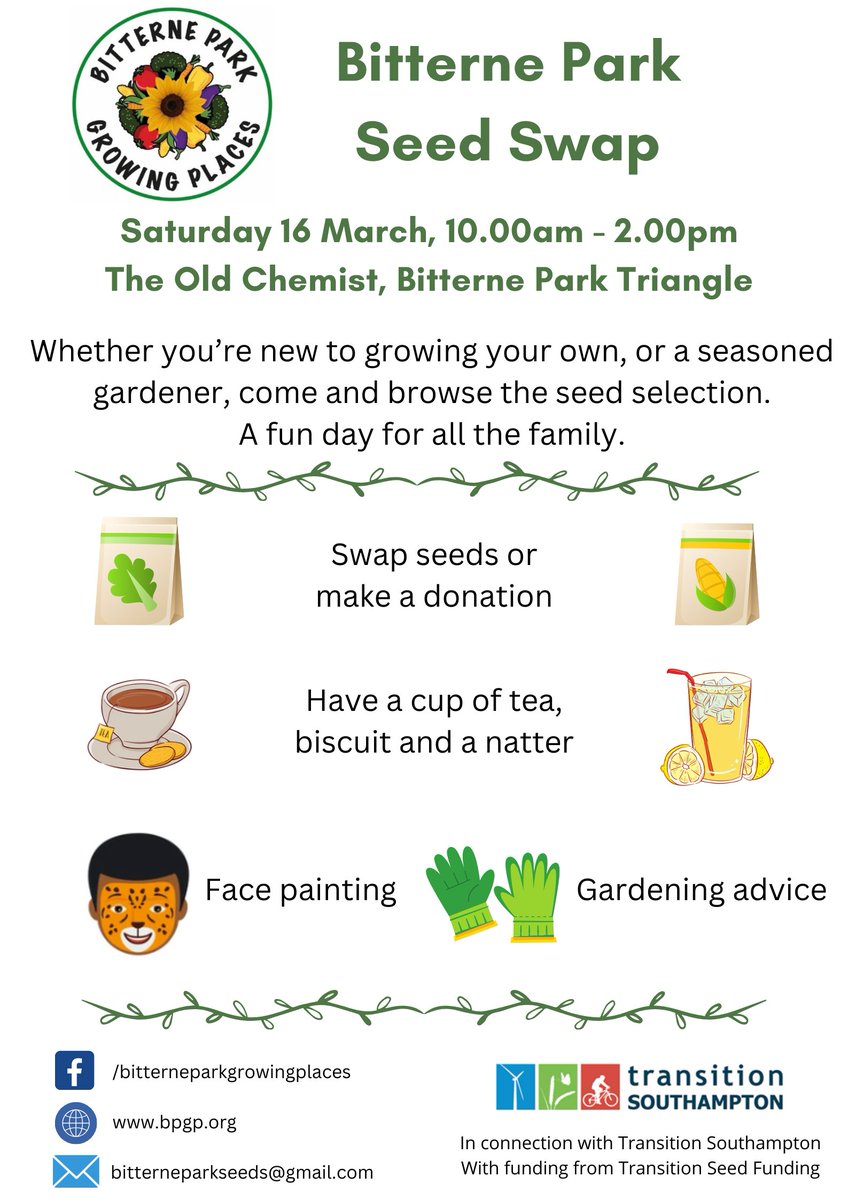 REMINDER! Bitterne Park Seed Swap today! Sat 16th March, 10:00am - 2:00pm, at The Old Chemist, Bitterne Park Triangle. Go grab yourself some seeds!