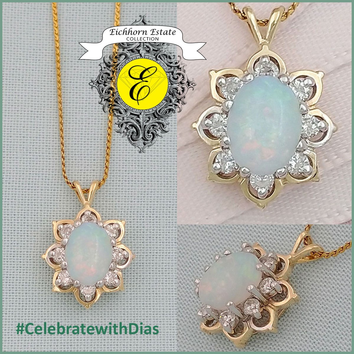 14KY gold Pendant with an 8mm x 6mm oval Opal and 8 round brilliant-cut Diamonds on an 18' chain. From Our Estate Collection $1,000. eichhornjewelry.com/estate-collect… #start2sparkle #alwaysthinkDIAMONDS #eichhornglow #1diamondatatime #CelebratewithDias #ColorWithYourDias #estatejewelry