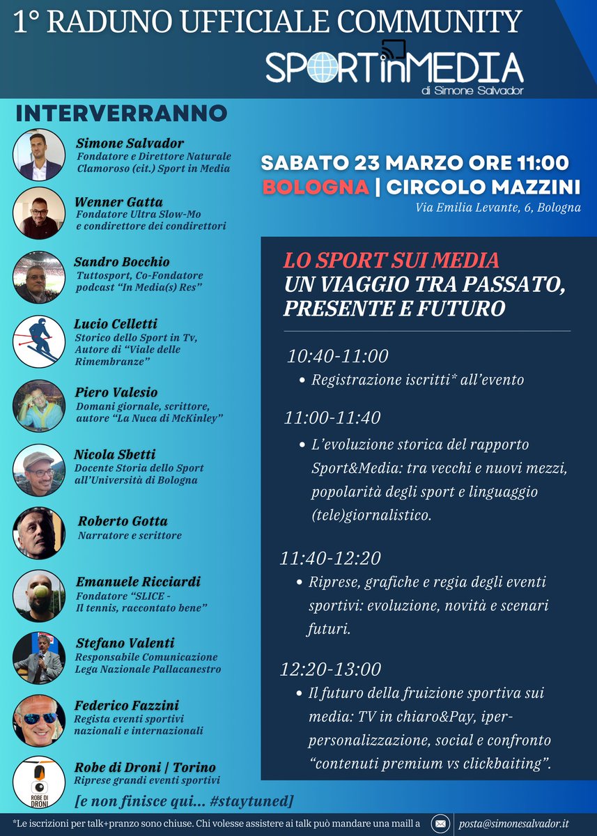 Fra una settimana a quest'ora sarà in pieno svolgimento l'evento mediatico-sportivo-enogastronomico dell'anno al Circolo Mazzini di Bologna!
#SportinMedia