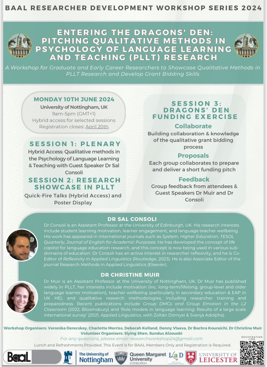 📣Call for abstracts: BAAL Researcher Development Workshop June 2024-Psychology of Language Learning and Teaching Qualitative Showcase @__BAAL @NottinghamUni1 #pllt #baalworkshops docs.google.com/forms/d/e/1FAI…