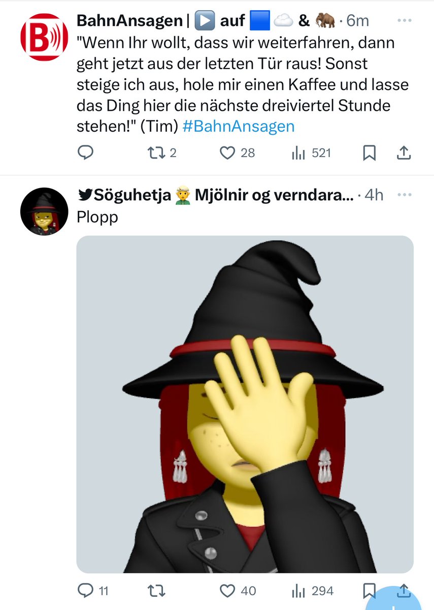 Eine ziemlich passende Reaktion im  #Twittertreffer von ⁦<a href="/BahnAnsagen/">BahnAnsagen | ▶ folgt auf: 🟦☁️| 🦣| 🧵| & 😊📖|</a>⁩ und ⁦<a href="/Soley_Lifa/">Söguhetja🧝Mjölnir og verndararnir fjórir🐃🦅🐉🪠</a>⁩ 😂