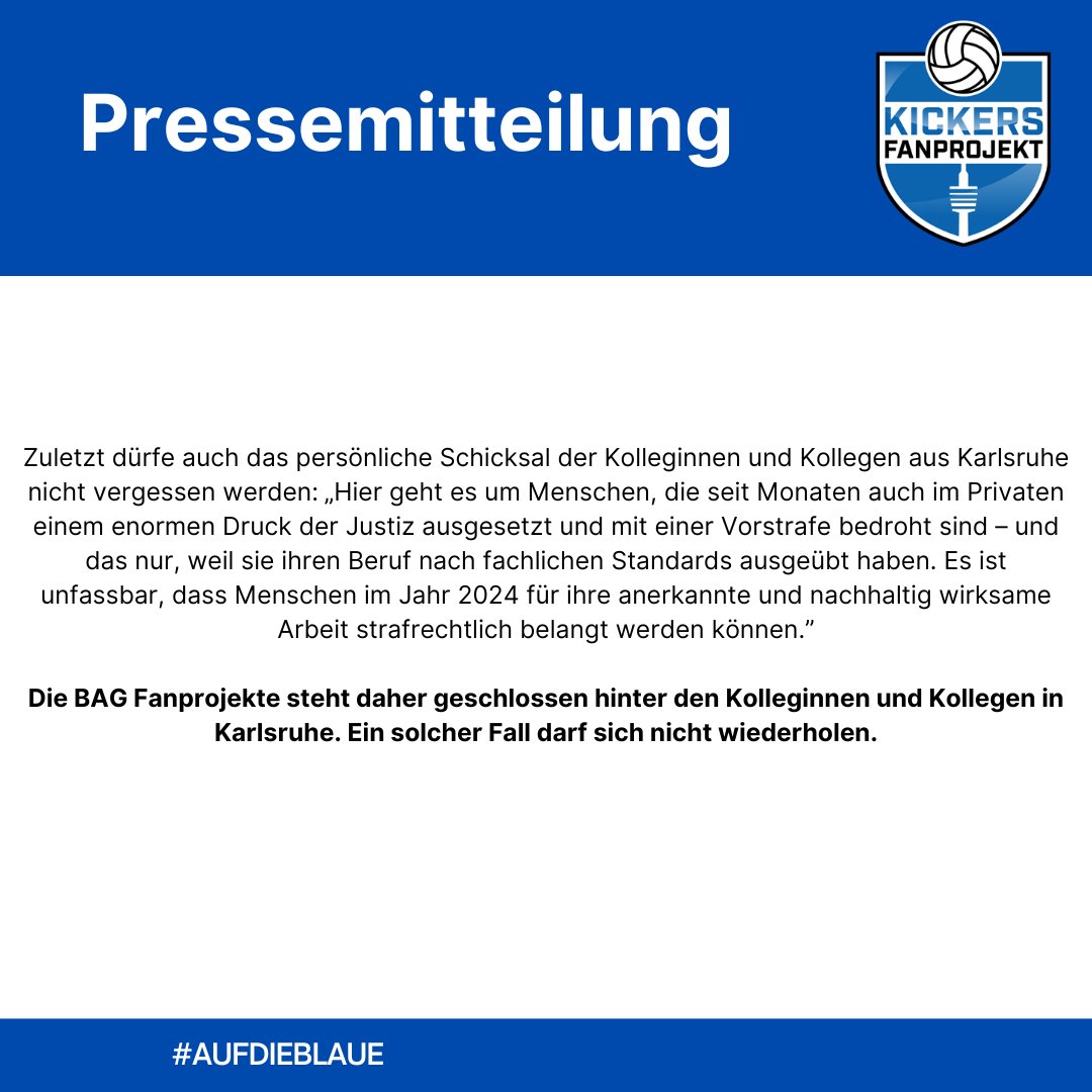 +++ Pressemitteilung der BAG der Fanprojekte +++
+++ Strafbefehl gegen Mitarbeitende des Fanprojekts Karlsruhe - BAG: 'Ein Frontalangriff auf die Soziale Arbeit!' +++

Die Mitteilung findet Ihr auch unter folgendem Link:
t1p.de/5lw8d

#aufdieblaue #BAGderFanprojekte