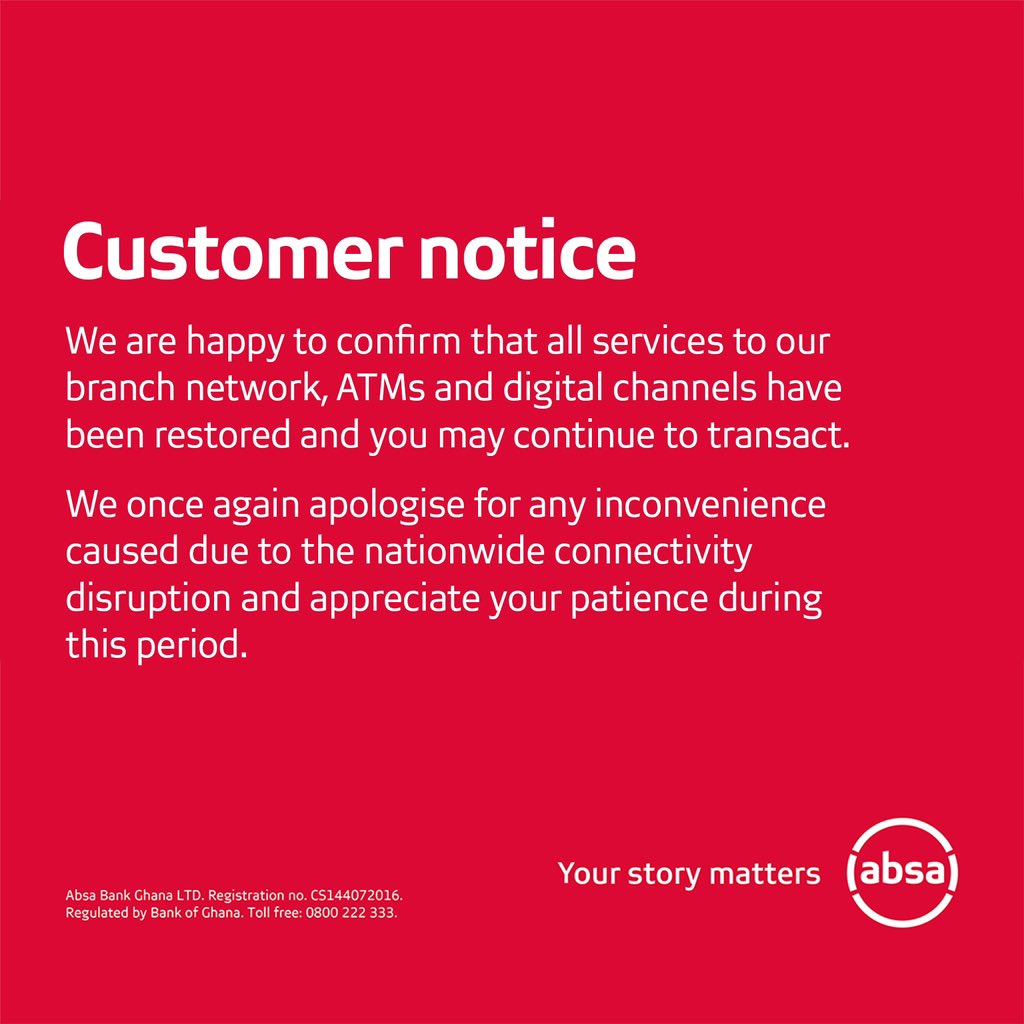 Dear Absa Family, our systems have been fully restored and you may continue to transact.  We appreciate your patience and apologise for any inconvenience caused.