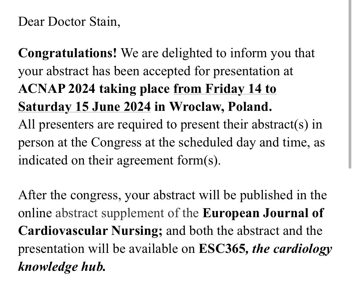 Delighted that our abstract: A Pan-Europe Review of Allied Professions in Cardiac Science has been accepted as moderated poster. Thank you co-authors  @emmasarahb @JMalcolmson84 #healthcarescientists #cardiacscientist #ACNAP2024 @julessanders2 @SCSTcouncil