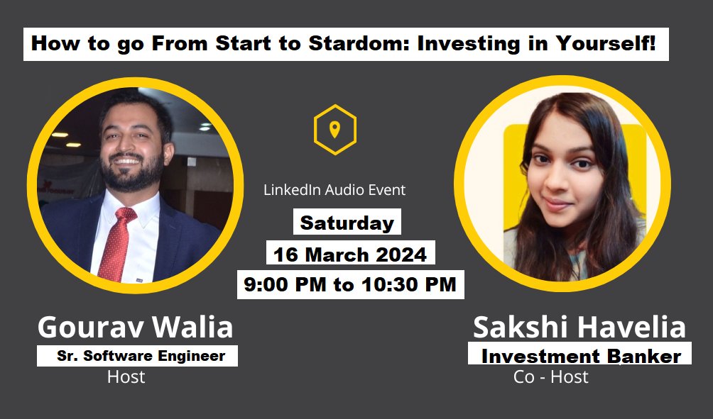 I'm hosting event for-  How to go from Start to Stardom: Investing in yourself.. Make sure to attend it today. linkedin.com/events/howtogo…