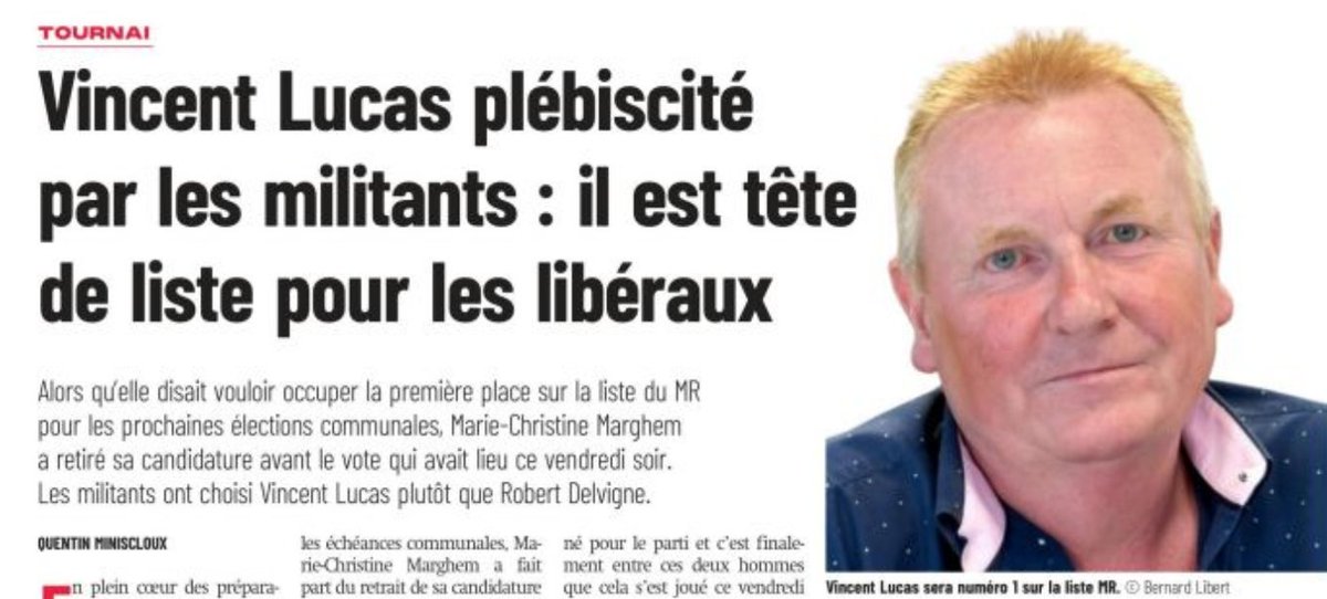 michelhenrion's tweet photo. Retrait de @McMarghem à #Tournai/ "Alors qu’elle avait déclaré en janvier vouloir être la #figuredeproue des libéraux à #Tournai pour les #communales2024, Marie-Christine #Marghem a fait part du retrait de sa candidature juste avant le vote des militants". 58 % des votes MR pour Vincent Lucas, l’entrepreneur de Vezon qui espère, écrit @minisclouxquent, "retrouver la majorité en redevenant un partenaire #loyal." (via Nord Eclair- https://t.co/jz1aWFNo59) #Elections2024