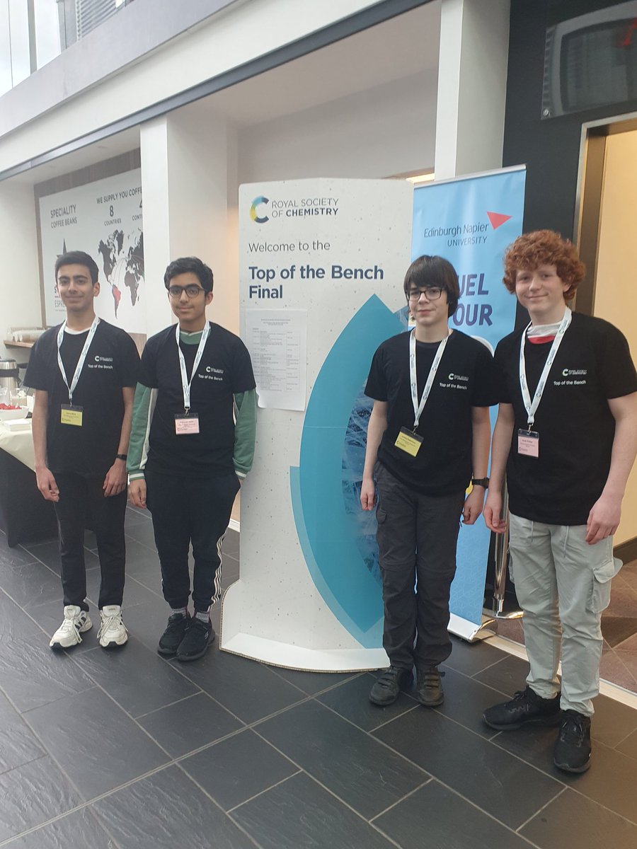 MGS_Chemistry's tweet photo. We are very excited to be in the final of the @RoySocChem Top of the Bench competition at Edinburgh Napier University today. Good luck Viyom, James, Sid and Noah! https://t.co/o7mYJxjTB2
