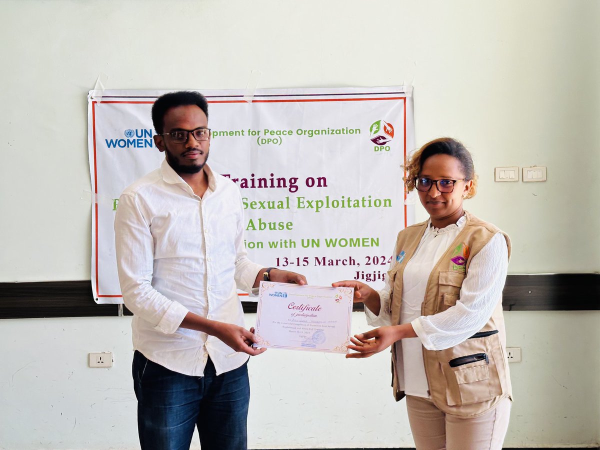 Th_CAYO's tweet photo. We are delighted to announce that our team has successfully completed a rigorous 3-day Training of Trainers (TOT) program on PSEA. This comprehensive training, organized by Development for Peace Organization in collaboration with UN Women, was held in Jigjiga from March 13 to 15. https://t.co/Qoopywhpjc