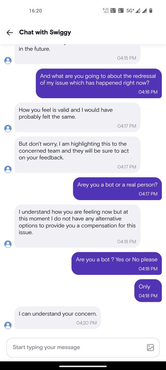 encryptiondone's tweet photo. @Swiggy @SwiggyCares @SwiggyInstamart  You are fooling people in the name kf assistance with an actual agent or person. There is only a bot replying on the behalf of a person. You should be ashamed of yourself. If this is an actual agent then teach her how to talk with a consumer https://t.co/x1UqebaARb