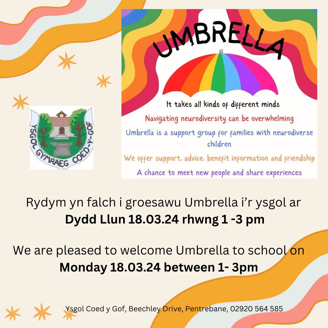 Croeso i bawb ymuno a ni ar gyfer ein sesiwn gyda Umbrella.

All are welcome to attend our session in school with Umbrella. 
#Neurodiversity #niwroamrywiaeth #neurodiversityweek2024 @PentrebanePrm @cyngorcaerdydd
@NCWeek @ADHDFoundation
@ElyandCaerauHub @Fairwater_Hub