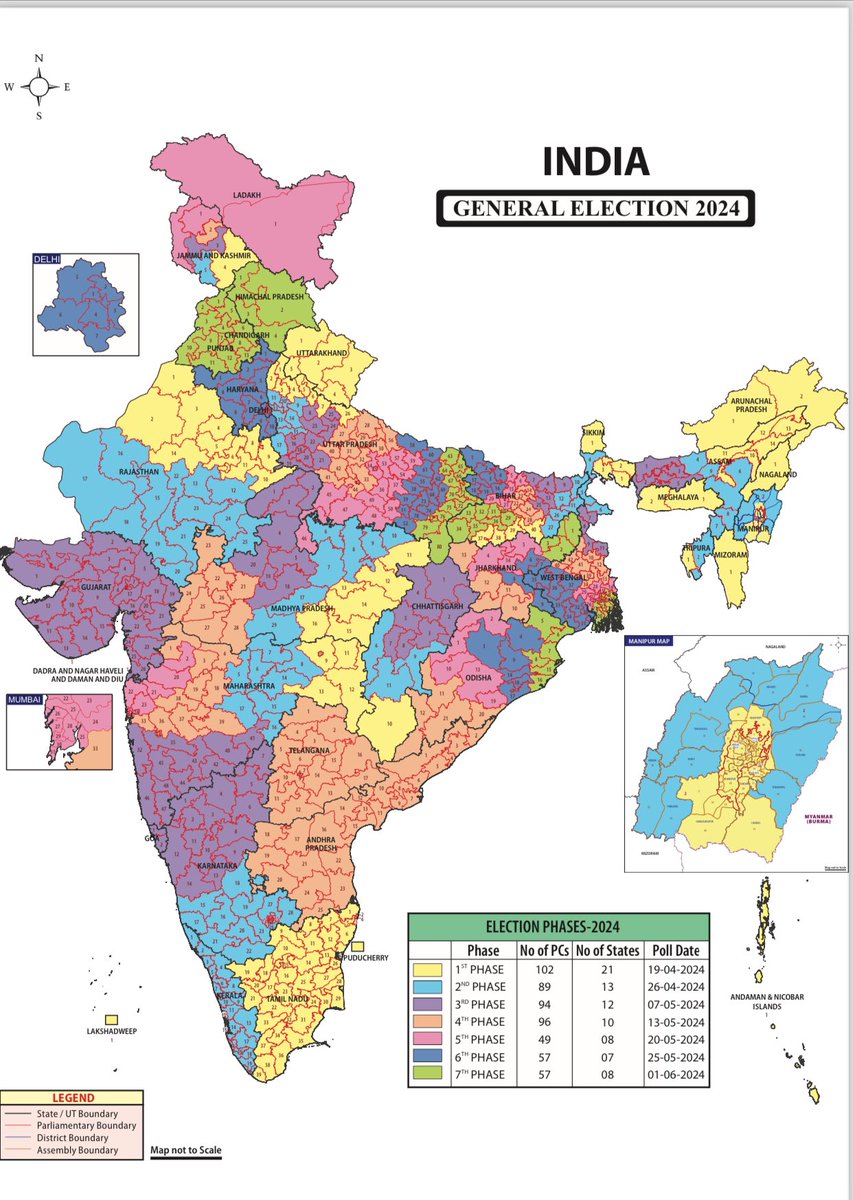 Phase wise seats - 1st phase - 19 April (102 seats) 2nd phase -26 April (89 seats) 3rd phase - 7 May (94 seats) 4th phase - 13 May (96 seats) 5th phase - May 20 (49 seats) 6th phase – 25 May (57 seats) 7th phase - June 1 (57 seats) #LokasabhaElection2024 #ElectionCommission