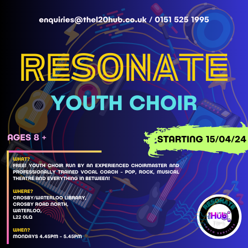 Some details about the wonderful Resonate Youth Choir, run by @thel20hub and hosted in Crosby Library! Get involved, enquiries via enquiries@thel20hub.co.uk or 0151 525 1995