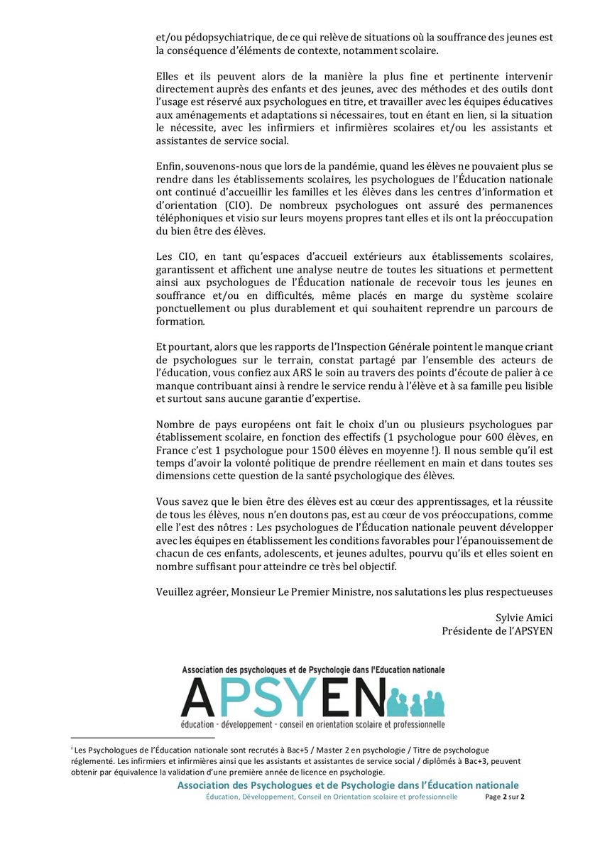 ✉️ Courrier de l'Apsyen au premier ministre au sujet de la place des psyEN à l'école et des questions de santé mentale des élèves, à télécharger sur le site de l'association : 
apsyen.org/index.php/publ…