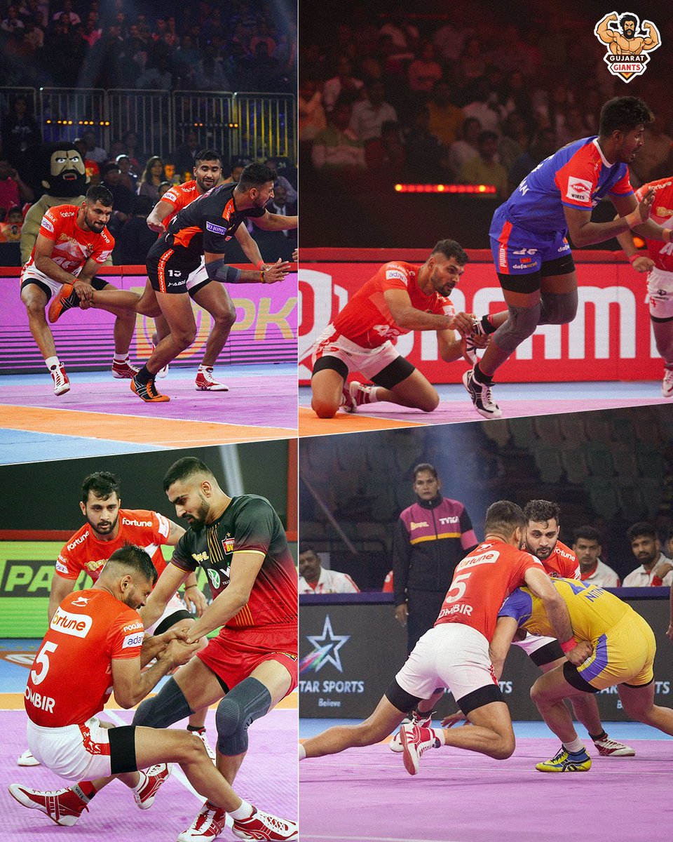 The 𝐆𝐫𝐞𝐚𝐭 𝐖𝐚𝐥𝐥 𝐨𝐟 𝐆𝐮𝐣𝐚𝐫𝐚𝐭 in full flow is a sight to behold. 🤩 #GiantArmy, rate those 🔥 tackles from Sombir ⤵️ #GarjegaGujarat #GujaratGiants #Adani #ProKabaddi