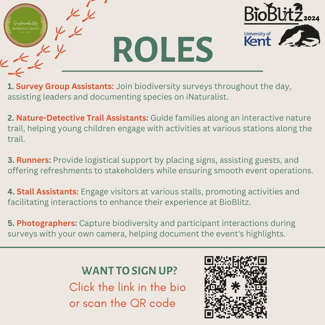 Volunteer for BioBlitz 2024 at the University of Kent! Roles are first come first serve, so sign up quickly. Click the link in the bio or scan the QR code. Roles available include: Survey group assistants Nature-Detectives Trail assistants Runners Stall assistants Photographers