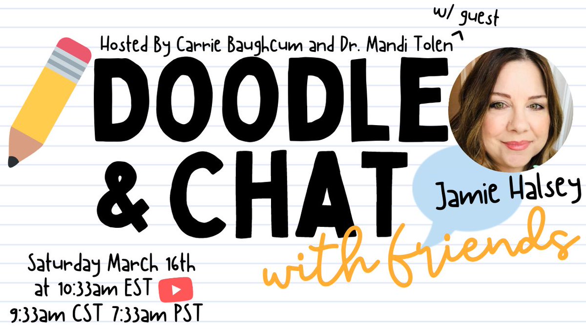 This morning Jamie Halsey joins us on Doodle and Chat✏️💬 with Friends for doodling✏️ chatting💬 connecting❤️ creating🎨 and a whole lotta who knows what kinds of fun🤣 THIS MORNING at 9:33-ish amCST Join us LIVE🎙️ youtube.com/live/H49jTxboE… #DoodleAndChat