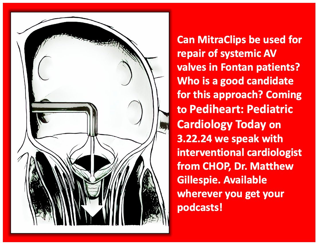 Coming next Friday to Pediheart - <a href="/mjgillespie1/">Matthew Gillespie</a> shares his insights into Mitraclip for CHD. <a href="/MountSinaiPeds/">Mount Sinai Kravis Children's Hospital</a> <a href="/MountSinaiCHC/">Mount Sinai Children’s Heart Center</a> <a href="/HeartCare4Kids/">CHOPCardiacCenter</a> <a href="/ONOCORvascular/">ŌNŌCOR</a> #Cardiology #CardioEd #CardioTwitter