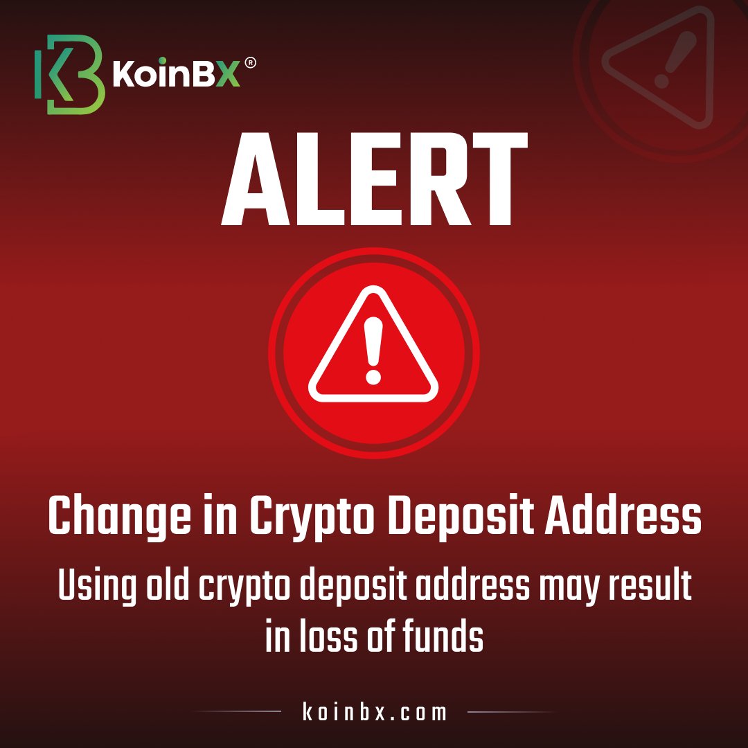 KoinBX's tweet photo. 🚨 Alert: Change In Crypto Deposit Address 🚨

We're updating crypto deposit address for an important security enhancement to safeguard your funds.

Please refrain from making any crypto deposits to your old address.🔒

Stay tuned for further updates! https://t.co/gUHTmNrIFo