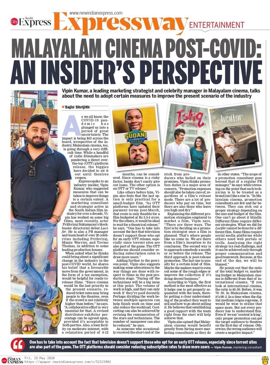 From archives! My Interview given to @NewIndianXpress after the Pandemic! Malayalam Cinema post-covid!