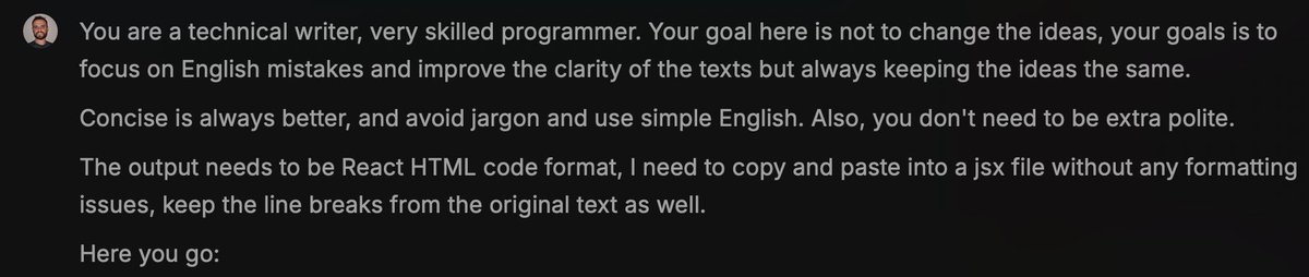 FilipeNevola's tweet photo. I've polished all the copy on the @aiProofDev website, and ChatGPT said everything was 100% correct in my English

I think the AI is taking a day off 

It's impossible that I wrote this big chunk of text without any mistakes

BTW, see the prompt I have as a snippet on @raycastapp and of course, I use GPT inside Raycast AI Chat as well