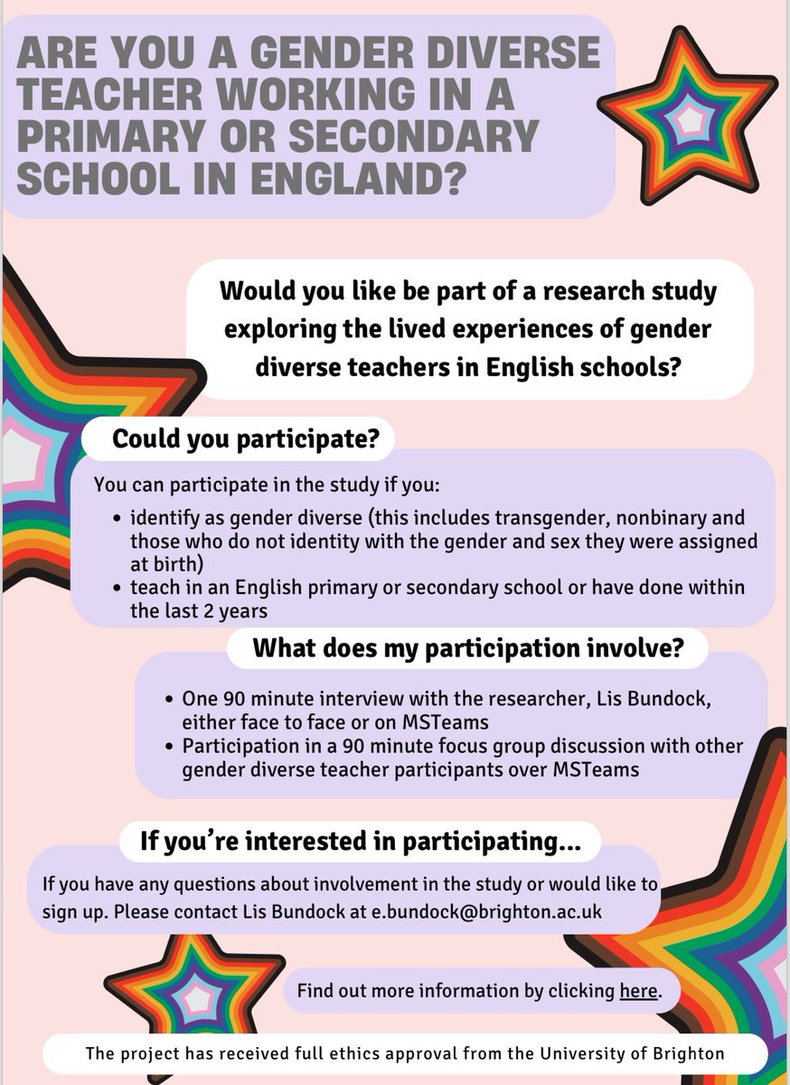 Lis Bundock (@lisbundock) on Twitter photo 🏳️⚧️ 🏳️🌈 📢 CALL FOR PARTICIPANTS 📢 🏳️🌈 🏳️⚧️
Are you a gender diverse teacher in England?
Would you like the opportunity to share your unique experiences in a PhD research study?
⭐️ Just 3 more participants needed! ⭐️
Do get in touch and please share!
e.bundock@brighton.ac.uk 🏳️⚧️ 🏳️🌈 📢 CALL FOR PARTICIPANTS 📢 🏳️🌈 🏳️⚧️
Are you a gender diverse teacher in England?
Would you like the opportunity to share your unique experiences in a PhD research study?
⭐️ Just 3 more participants needed! ⭐️
Do get in touch and please share!
e.bundock@brighton.ac.uk