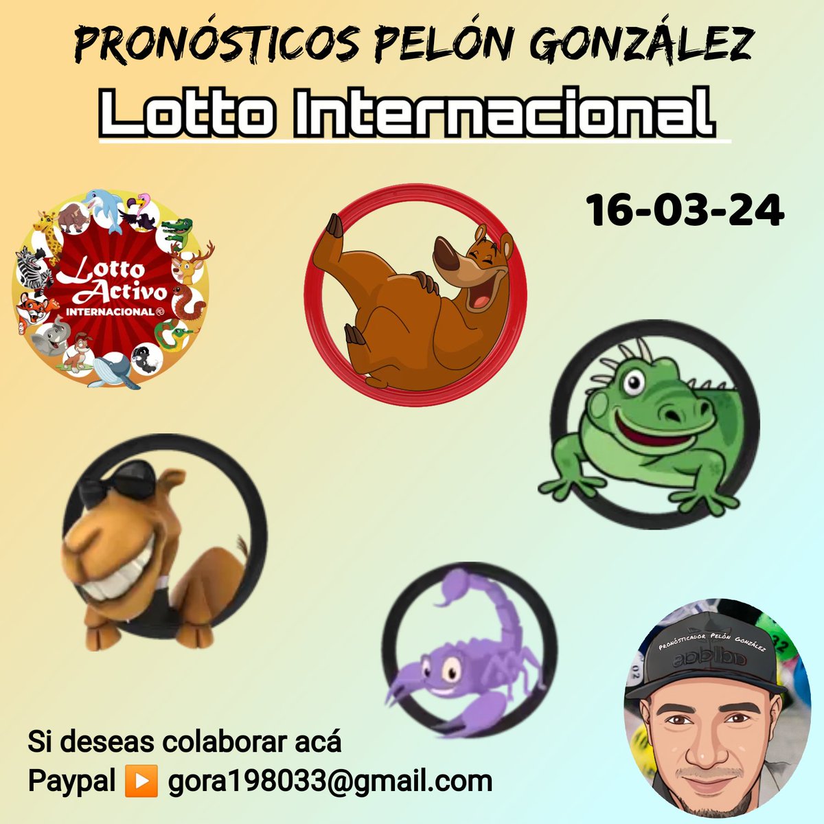 PelonGonzalezP's tweet photo. Hoy Sábado #16marzo #2024 Llego #Pelongonzalezp con los Animalitos #RegalosAbiertos #Lottointer #Venezuela
#viral #loteria #Tendencias #Monagas #maturin #Bolivar #Caracas #Falcon #Cojedes #Guayana #SanCristobal https://t.co/m6JEcoYdbb