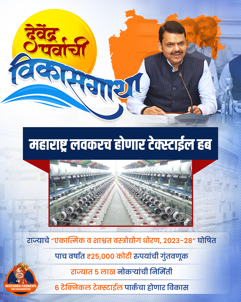 Devendra4Maha's tweet image. देवेंद्रजींच्या वस्त्रोद्योग धोरणाद्वारे राज्यात महारोजगार निर्मिती!

#DevendraFadnavis #devendrafadnavisformaharashtra #TextileHub #Maharashtra #Devlopment