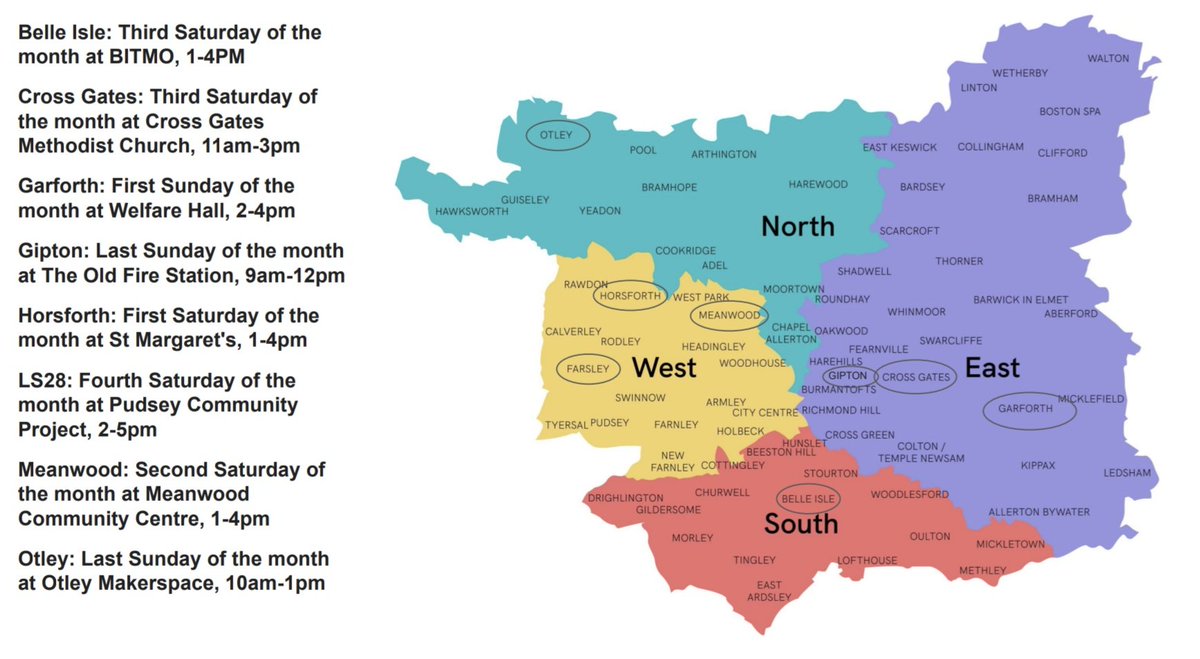 New #RepairCafe map!  

We've got a new location in LS28 and we can't believe we forgot to include <a href="/MakerOtley/">Otley MAKER SPACE</a> 😱

Not quite hitting <a href="/edleeds/">Ed Carlisle</a> target of one in every suburb, but we *might* have one on every weekend now 🎉🛠️