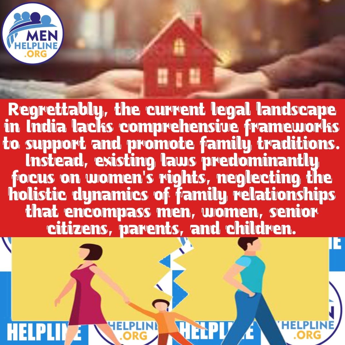 Laws primarily focus on women's rights which have neglected the overall dynamics of family relationships. Sadly, all these #biasedlaws have led to the decline of our #familytradition .

India needs #FamilyCell not the #womenCell

#mensrights #mensday #WomensDay #cheatingwife