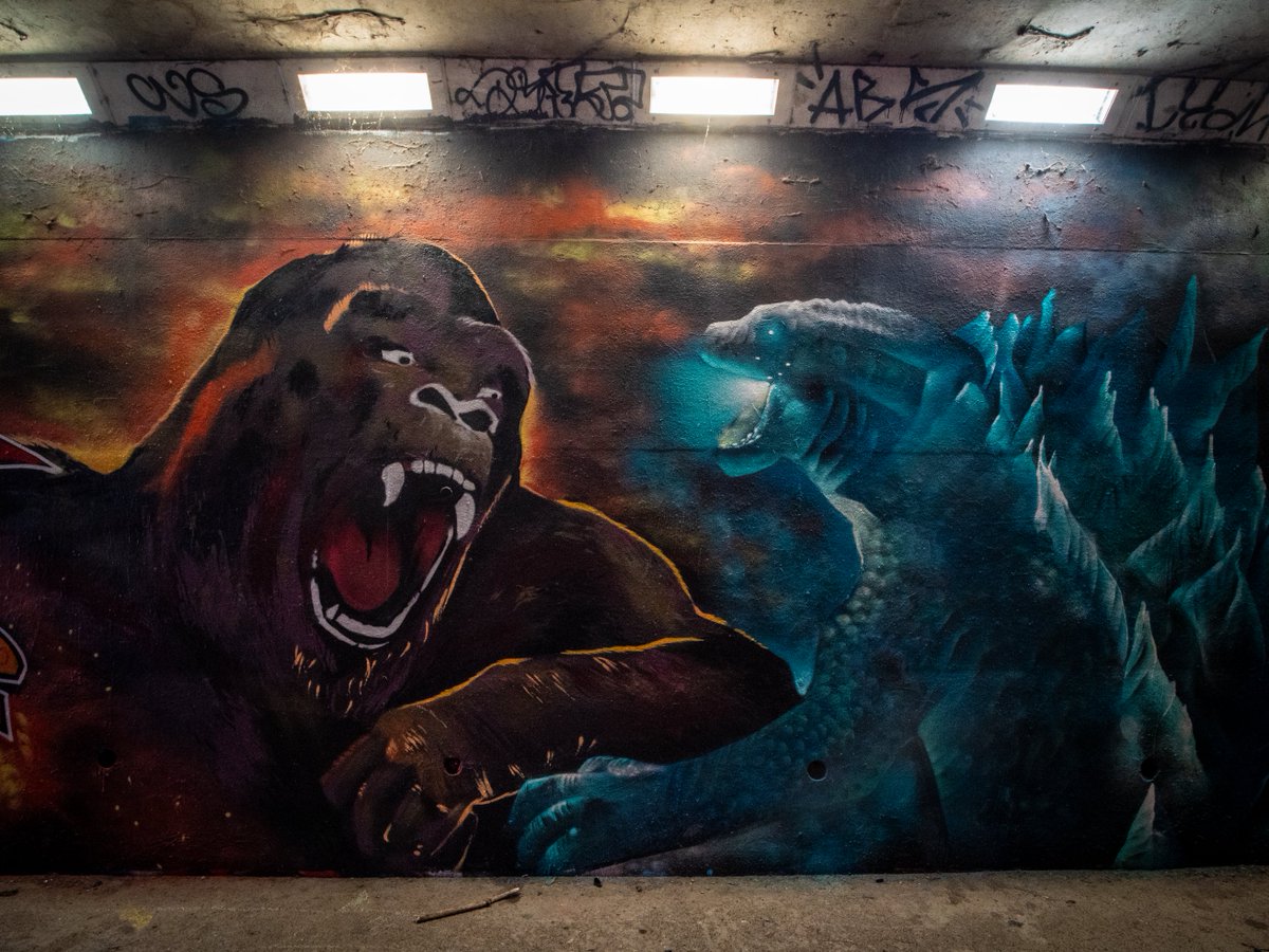 It's been a while since I went to this underpass but what a treat for my blinking eyes! This is just part of a Kong/Godzilla piece. Location: Horbury Artists: Several involved with the complete piece - haes_htb_ pok.us_sin depho_dna hyrograff snotone