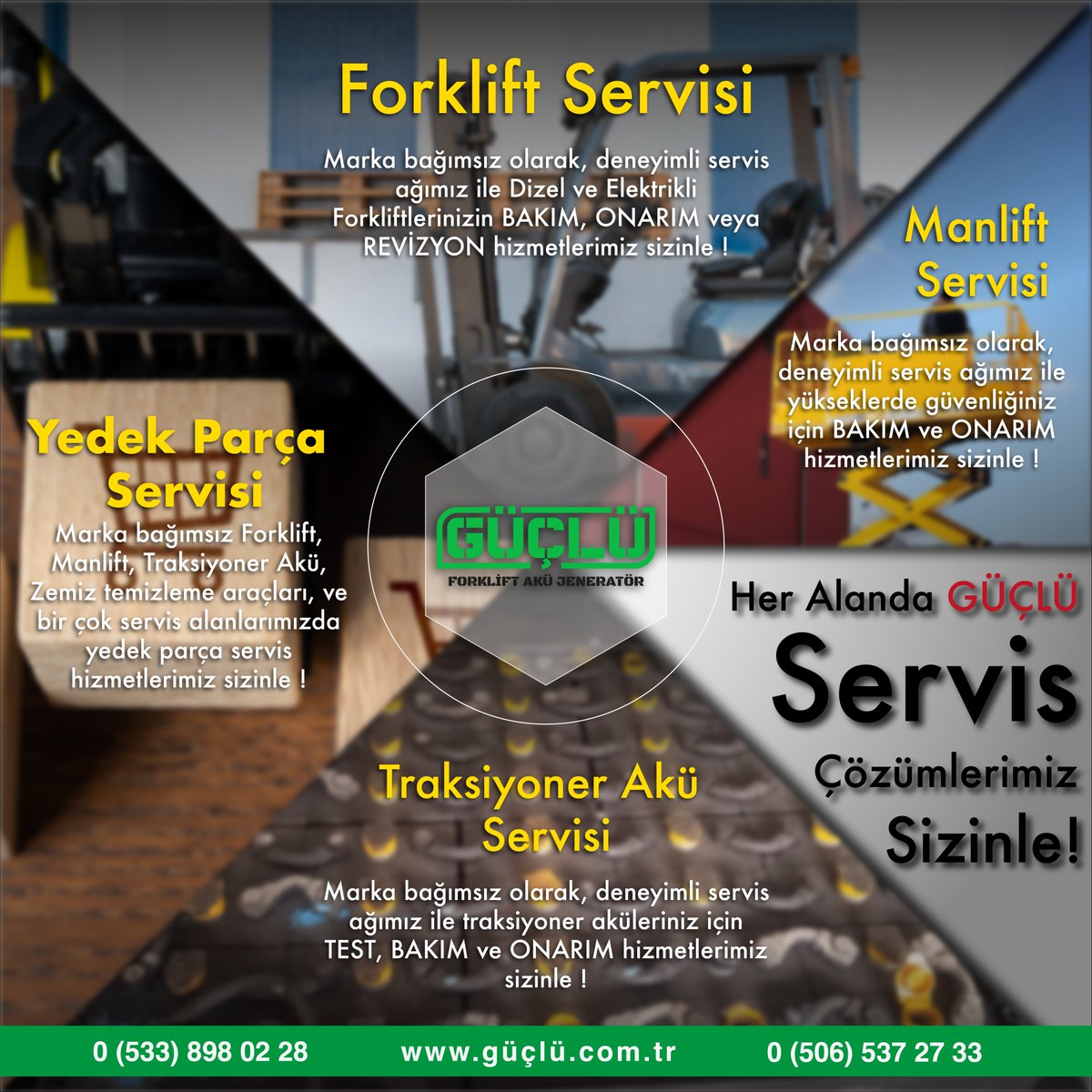 Forklift Servisi
Traksiyoner Akü Servisi
Manlift Servisi
Yedek Parça Servisi

#güçlüforkliftakü #güçlüforklift #güçlüservis #servis
#hizmet #forklift #manlift #yedekparça #traksiyoner
#akü #traksiyonerakü