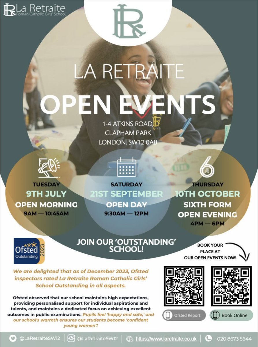 Save the dates for @LaRetraiteSW12 RC Girls’ School Open Days & explore their vibrant community, innovative programs, & nurturing environment! Join their ‘Outstanding’ school & embark on a journey of excellence and discovery! More info: laretraite.co.uk #ad #Tooting