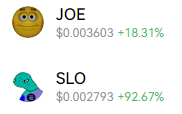 $SLO 底部起来翻倍，出了本
$JOE 3M抄了点底，以太meme留守儿童

两个被低估的meme