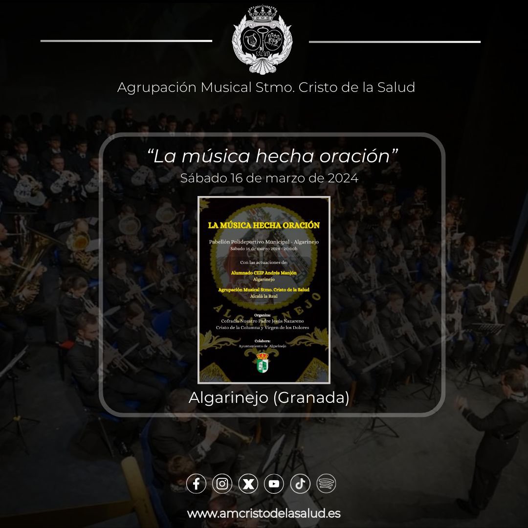 📣Hoy llevaremos nuestro acto “La música hecha oración” hasta la localidad granadina de Algarinejo.

🎫Entradas disponibles en taquilla.

¡Os esperamos!

#AMSalud
#LlegaLaSalud
#XLAniversario
#LaMusicaHechaOracion