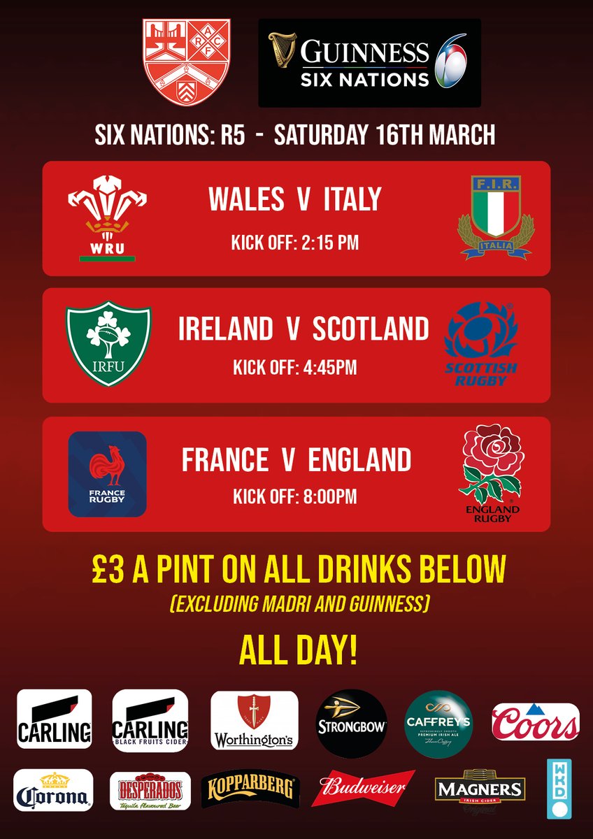 🏴󠁧󠁢󠁷󠁬󠁳󠁿 🏉 𝐒𝐈𝐗 𝐍𝐀𝐓𝐈𝐎𝐍𝐒 𝐃𝐑𝐈𝐍𝐊𝐒 𝐎𝐅𝐅𝐄𝐑 🍺

A reminder that we'll be showing live coverage of the final round of Six Nations games on the big screens at the clubhouse this afternoon!

Fixture details/today’s drinks offer below 🔽

#Ymlaen #GuinessM6N