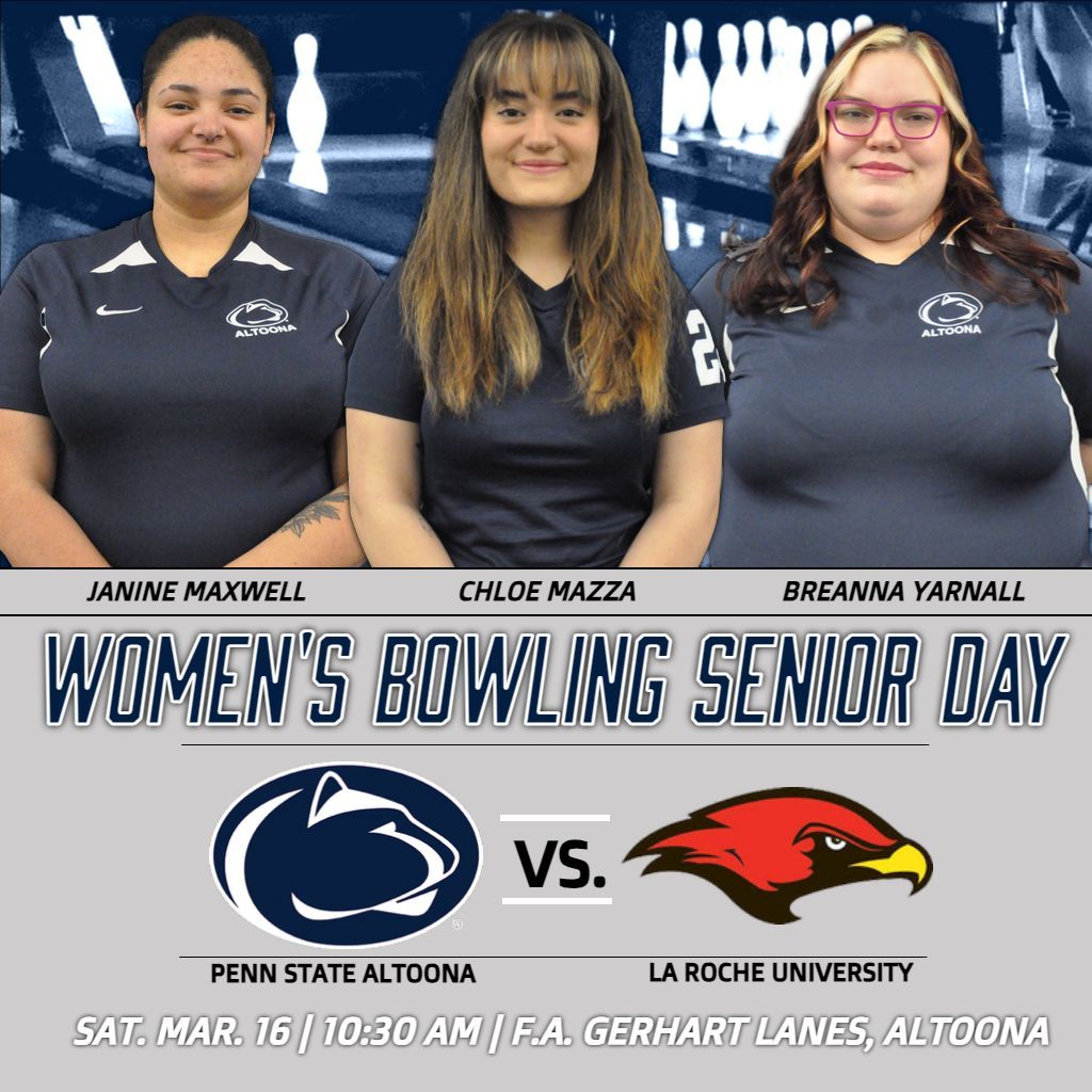 PSAltoonaLions's tweet image. Women's bowling recognizes seniors Janine Maxwell, Chloe Mazza, and Breanna Yarnall in its final event of the season at home today!
🎳#GameDay
➡️Senior Day
🆚La Roche University (exhibition)
⏰10:30 a.m.
📍F.A. Gerhart Lanes | Altoona, Pa.
📺 buff.ly/3Tm6JoM 

#ncaabowl
