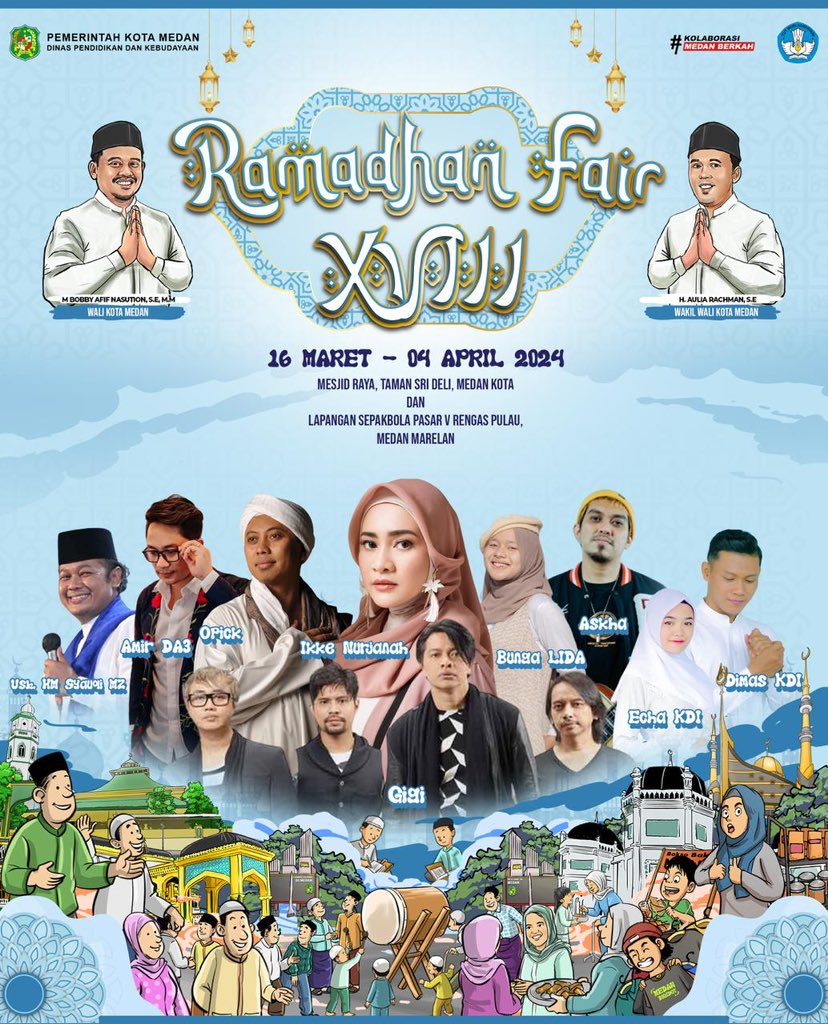 Ramadhan Fair XVIII Pemko Medan kembali kami gelar pada hari ini hingga 4 April 2024 di Kawasan Taman Sri Deli Kecamatan Medan Kota dan Lapangan Rengas Pulai Kecamatan Medan Marelan. Acara ini juga akan dimeriahkan oleh beberapa artis ibu kota. Pada bingung mau buka bersama