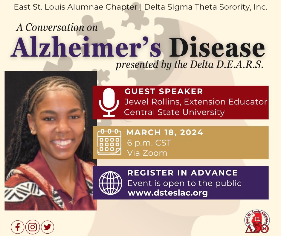 eslacdst's tweet photo. Don’t miss out on this informative FREE virtual event! Learn more about Alzheimer’s disease and how you can reduce your risk. Join the East St. Louis Alumnae Chapter on 3/18 at 6 pm CST. Register in advance by visiting https://t.co/Bcj6JDbOLM. #DST1913 #ESLAC #alzheimers https://t.co/YZzgkeTL7j