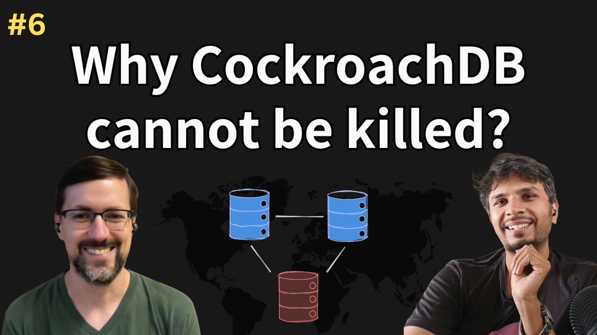 arpit_bhayani's tweet photo. Why is it impossible to kill CockroachDB? ⚡

I had this question for a long time and who better to answer this than the co-founder himself? hence I hosted Ben Darnell for a deep-tech conversation on CockroachDB and Distributed Databases.

We went into details of all three layers - distributed storage, distributed execution, and the language interface of Cockroach. Two things that blew my mind were how they

1. built SQL layer on top of distributed ordered KV pairs
2. provide strong consistency even when the DB spans the entire world

give it a watch - https://t.co/vkA9u26Nt6

ps: while discussing the future of databases, Ben suggested a really interesting idea that will not only blow your mind but could inspire you to kick off an amusing open-source project.

By the way, they do have offices in Bangalore, so if you are looking to work on databases, check out their open positions. I can vouch for them :)

#DistributedDatabases #CockroachDB