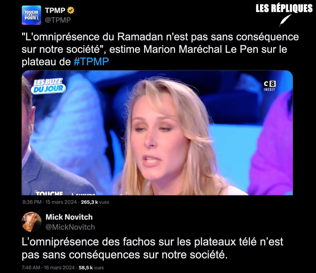 Hier, la candidate d'extrême droite Reconquête aux élections européennes @MarionMarechal était l'invitée de @TPMP @MickNovitch