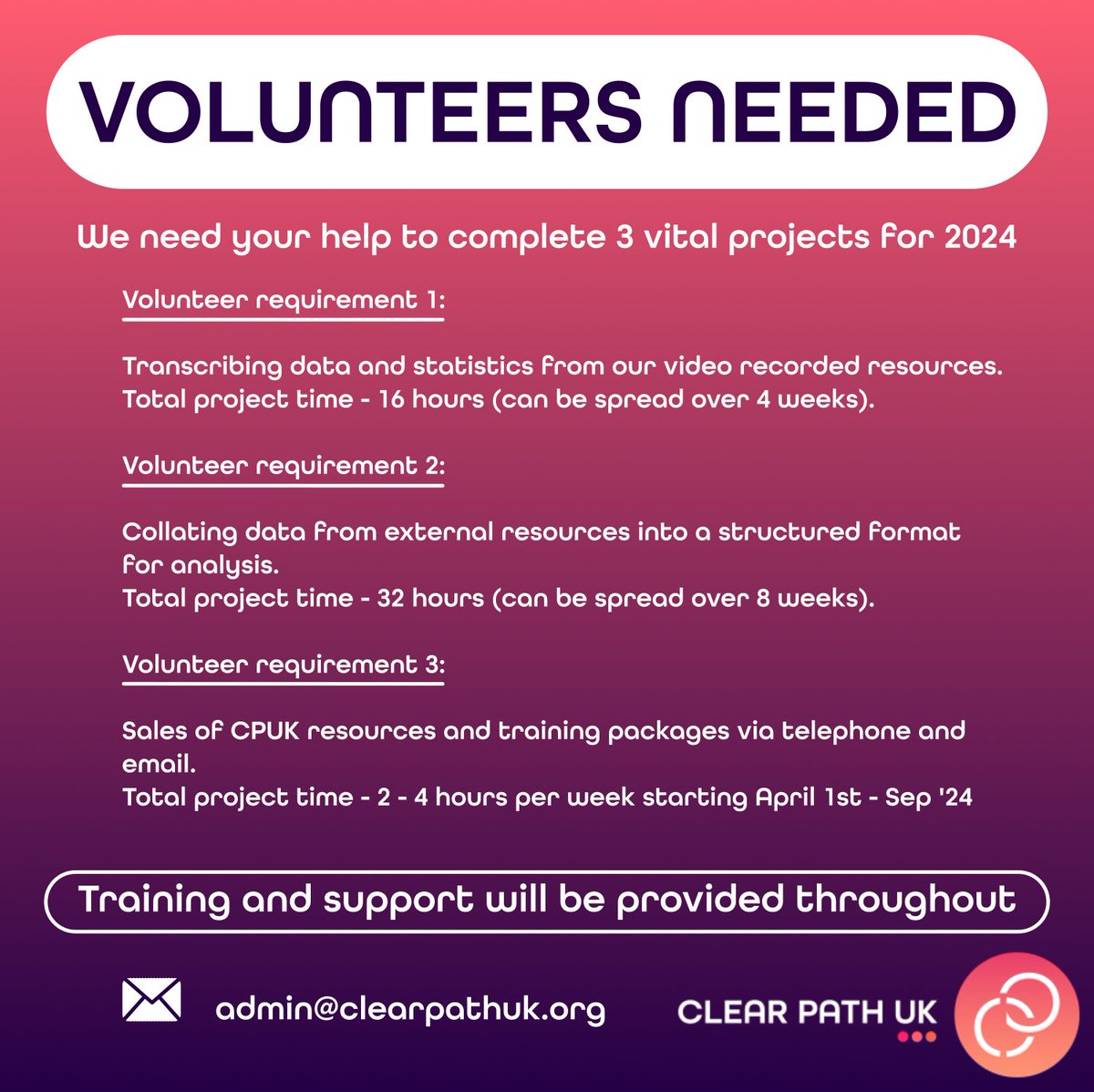 We need YOUR help. If you are a friend of Clear Path UK share and retweet please. We appreciate your ongoing support. To apply, send your CV and a cover letter to admin@clearpathuk.org #Volunteer #help #support