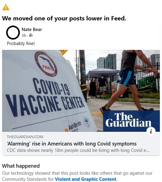 I posted the Guardian story about the rise in Americans with long covid on Facebook and they de-boosted it as violent or graphic content. The capitalist ruling class definitely wants to keep covid reality from people's screens