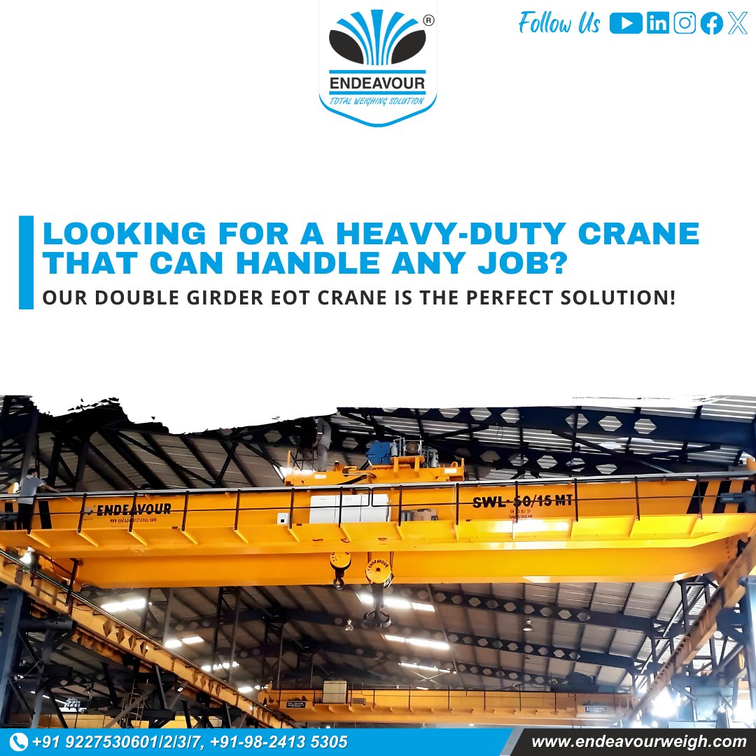 Looking for a heavy-duty crane that can handle any job? Our double girder EOT crane is the perfect solution!

endeavourweigh.com

#doublegirderEOTcrane #heavylifting #industrialcranes #overheadcranes #cranesolutions

#Endeavour #EndeavourWeigh #EndeavourInstruments