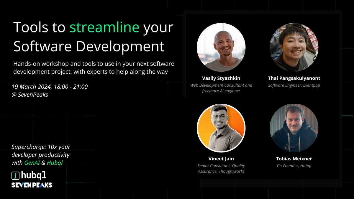 Hubql (@hubqlhq) on Twitter photo Meet our consultants for our event on Tuesday:
👉 Thai Pangsakulyanont (<a href="/dtinth/">Thai Pangsakulyanont</a>)
👉 Vineet Jain
👉 Vasily Styazhkin
👉 Tobias Meixner (<a href="/meixnertobias/">Tobias Meixner</a>).
We will be teaching you how to use AI tools like ChatGPT, Cursor, Copilot & Hubql...RSVP now: 👉 guild.host/events/superch… Meet our consultants for our event on Tuesday:
👉 Thai Pangsakulyanont (<a href="/dtinth/">Thai Pangsakulyanont</a>)
👉 Vineet Jain
👉 Vasily Styazhkin
👉 Tobias Meixner (<a href="/meixnertobias/">Tobias Meixner</a>).
We will be teaching you how to use AI tools like ChatGPT, Cursor, Copilot & Hubql...RSVP now: 👉 guild.host/events/superch…