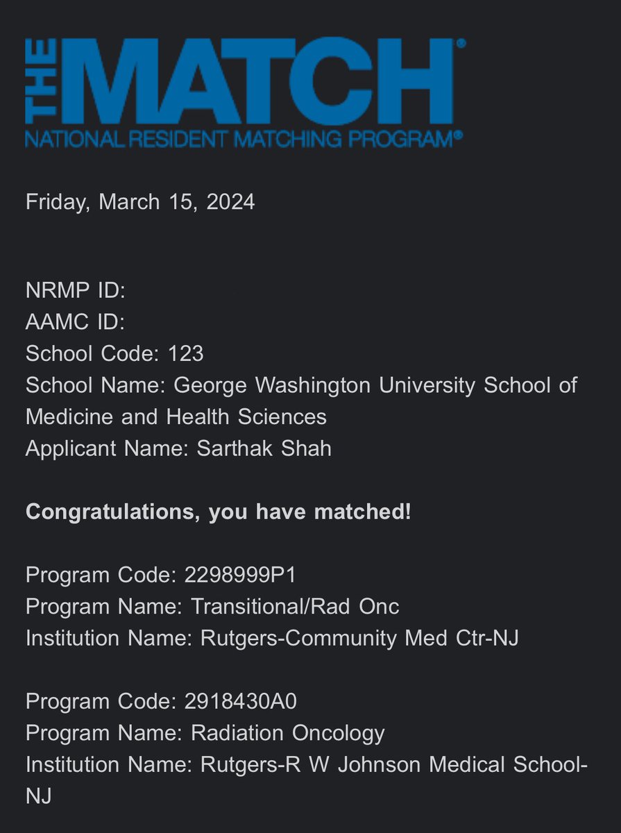 So grateful to have matched at Rutgers CMC and <a href="/RU_RadOnc/">Rutgers Radiation Oncology Residency Program</a>!! Excited to be back home in Jersey! ☢️☢️ #Match2024 #RadiationOncology