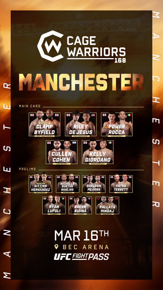 CageWarriors's tweet photo. Turning Up the Heat 🔥 Another Fight Night with TWO World Titles at Stake 🏆

📺 Watch #CW168 on @UFCFightPass from 6:30PM! https://t.co/oUHFRWpW1j