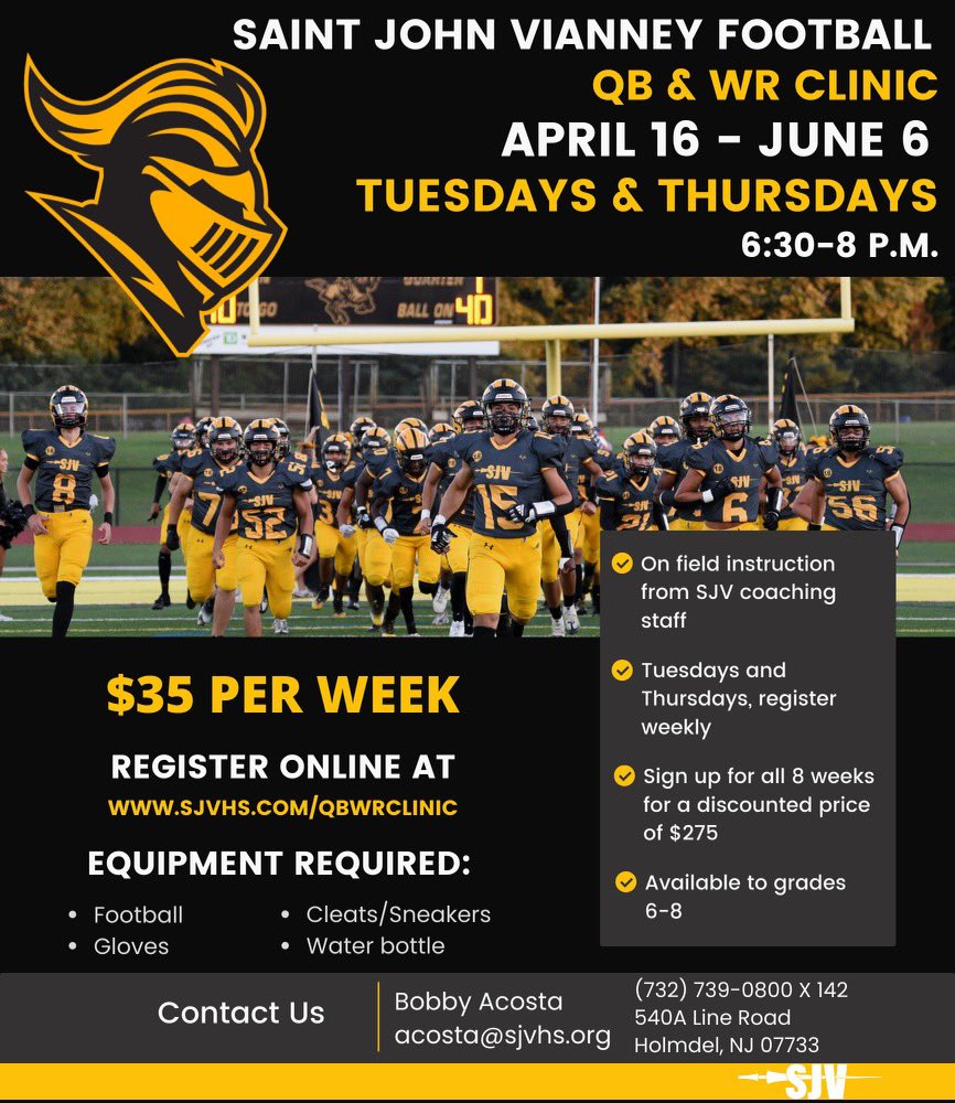 Saint John Vianney High School Application sjvhs.com/admissions @SJVHS Saint John Vianney HS Open House For All Students Middle School and Transfers sjvhs.com/admissions/spr… Middle School Student Athlete Questionnaire docs.google.com/forms/d/e/1FAI… QB / WR Training at SJVHS…