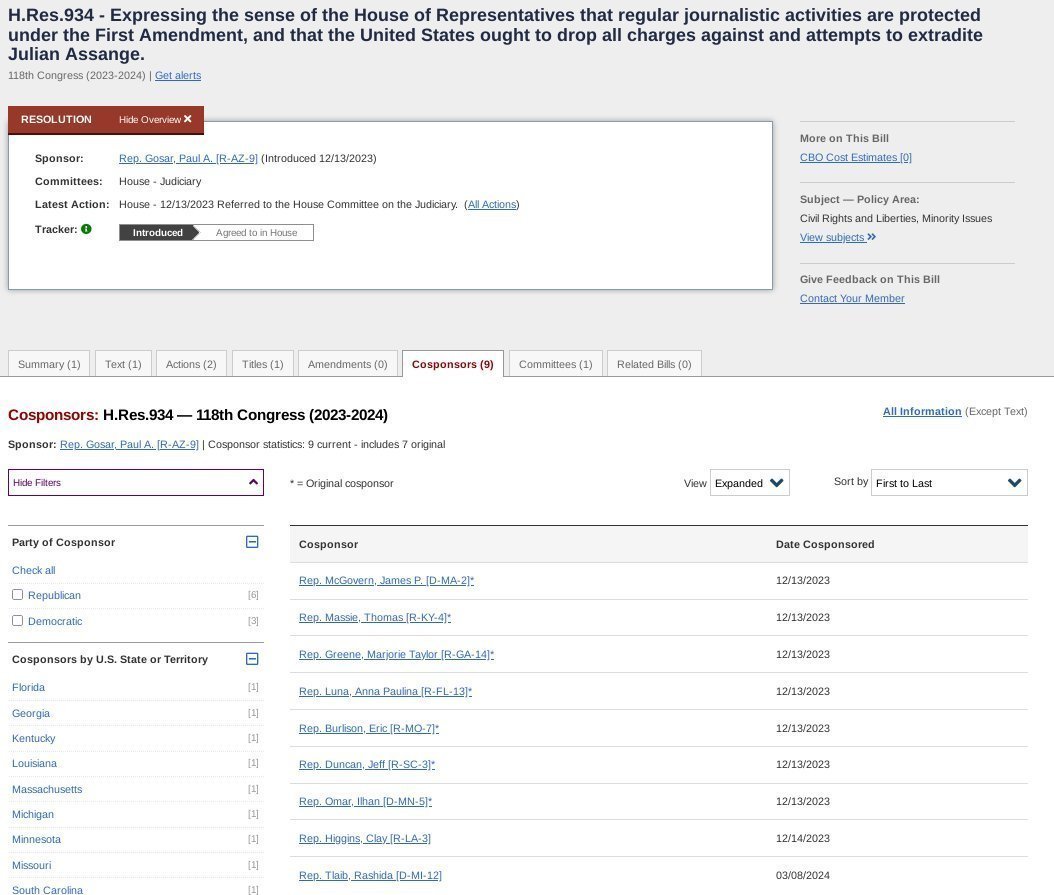 wikileaks's tweet image. Contact your representatives and urge them to sign Res. 934: "Regular journalistic activities are protected under the First Amendment, and that the United States ought to drop all charges against and attempts to extradite Julian Assange" #FreeAssangeNOW
congress.gov/bill/118th-con…